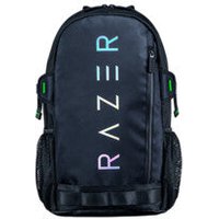 Black Razer Rogue V3 backpack with colorful logo, mesh side pockets, and green zipper accents.