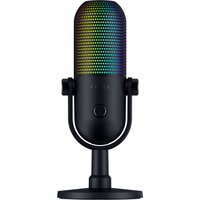 Black Razer Seiren V3 Chroma microphone with RGB lighting and cylindrical design on a sturdy base.