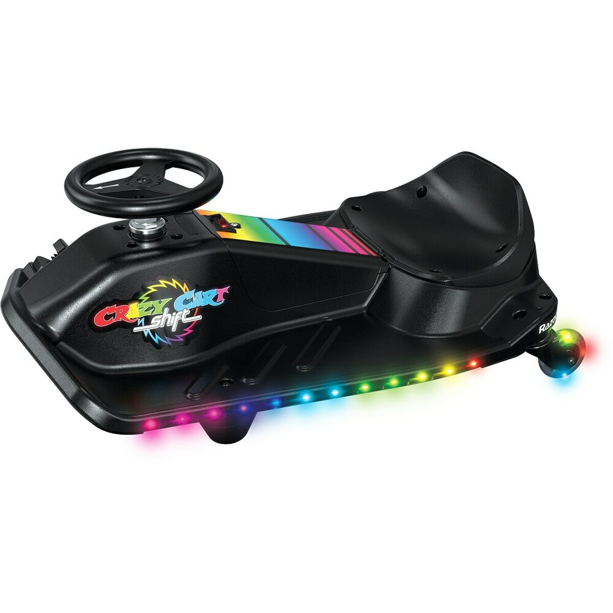 Black electric drifting ride-on cart with a colorful rainbow stripe, illuminated LED lights along the base, a steering wheel, and a comfortable seat for one rider.