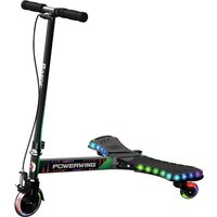 Black Razor PowerWing scooter with three wheels, light-up deck, and handlebars, featuring colorful LED lights.