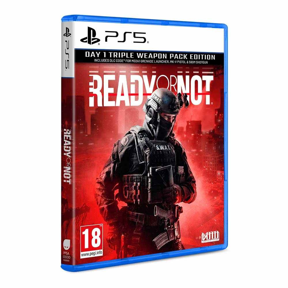 Ready or Not: Day One Edition for PS5 features a blue case with a bold red and white title, showcasing a tactical officer in a dark uniform against a fiery background.