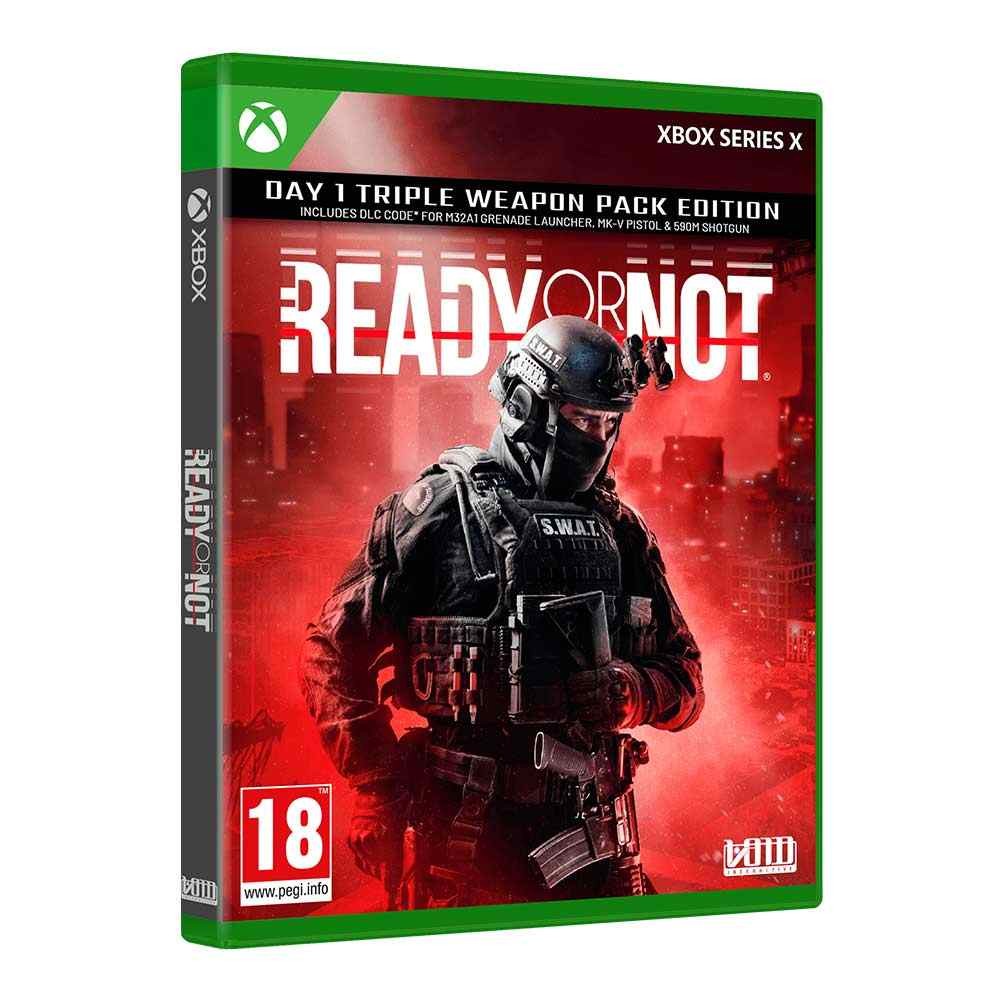 Green Xbox Series X case featuring "Ready or Not: Day One Edition," with a soldier in tactical gear on a red background, indicating a mature rating and including DLC details.