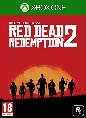 Cover art for "Red Dead Redemption 2" featuring silhouetted cowboys against a red sunset background, with the Xbox One logo at the top and the game's title prominently displayed.