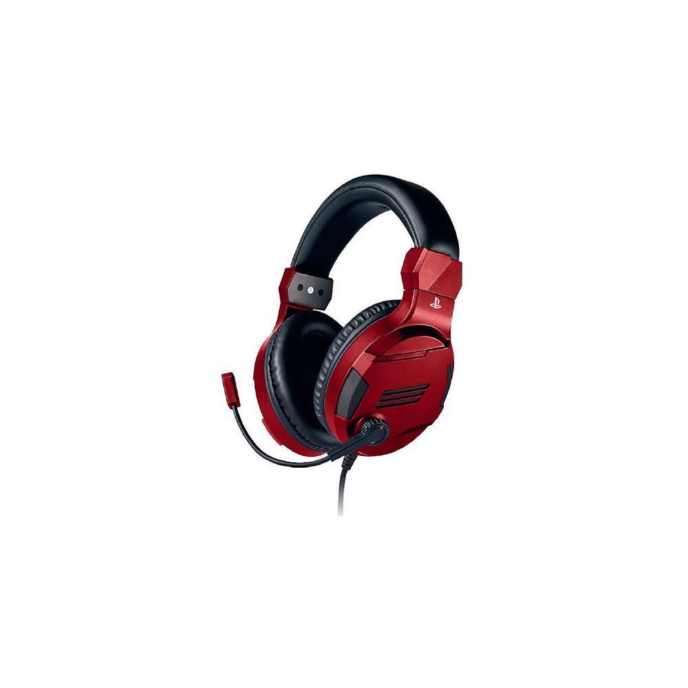 Red Sony headset designed for PlayStation 4, featuring a sleek design, padded ear cups, adjustable headband, and a detachable microphone.