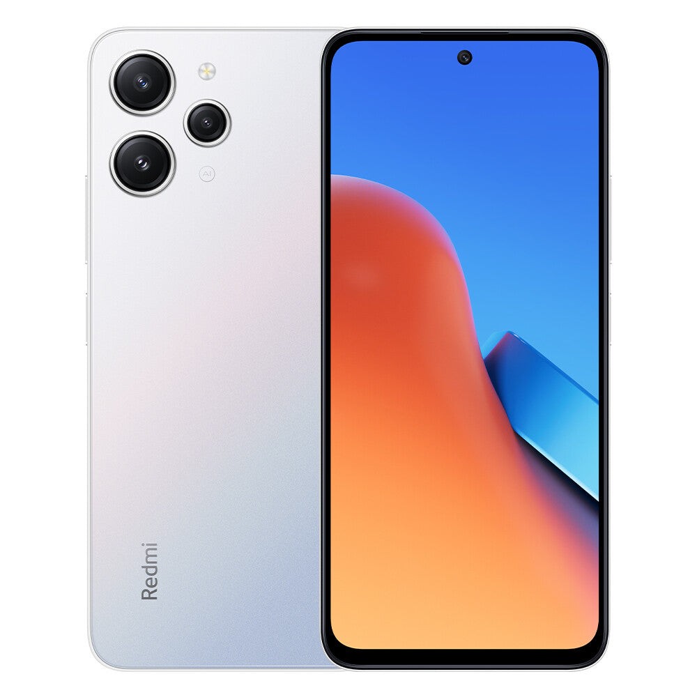 Xiaomi Redmi 12 smartphone in silver with a 6.79-inch display, three rear cameras, and a sleek design, featuring Android 13 and a USB Type-C port.