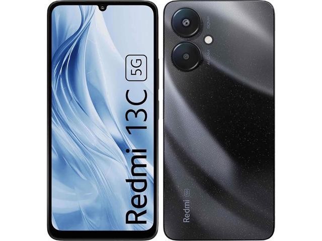 Xiaomi Redmi 13C in Starry Black features a sleek design, a large display with a waterdrop notch, dual rear cameras, and a textured back for grip.
