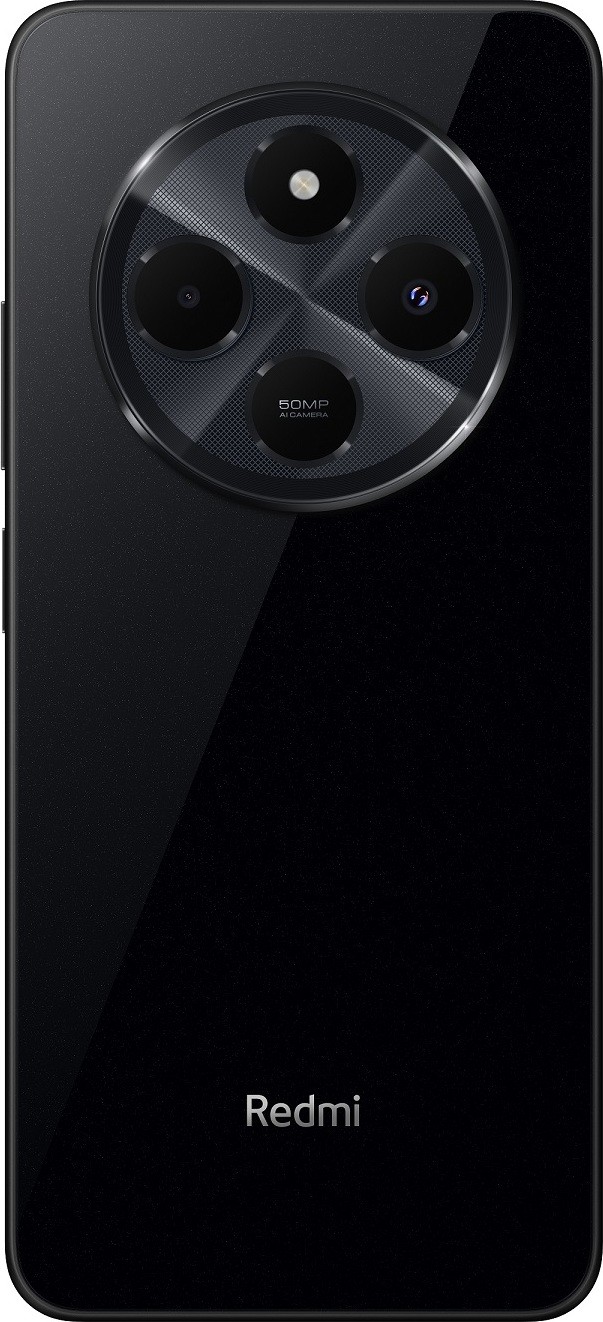 Black Xiaomi Redmi 14C smartphone featuring a circular camera module with three lenses, sleek glass back, and "Redmi" branding at the bottom.