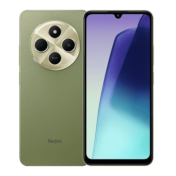 Sage green Xiaomi 14C smartphone featuring a sleek design, a large display with a waterdrop notch, and a circular camera module with three lenses on the back.