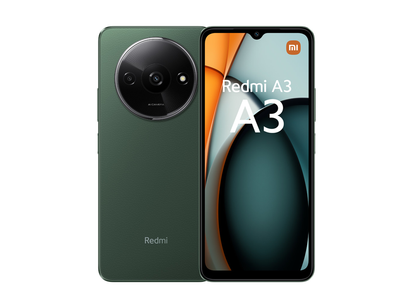 Xiaomi Redmi A3 smartphone in dark green, featuring a 6.71-inch display, dual SIM capability, Android 14, 4G connectivity, and a circular camera module on the back.