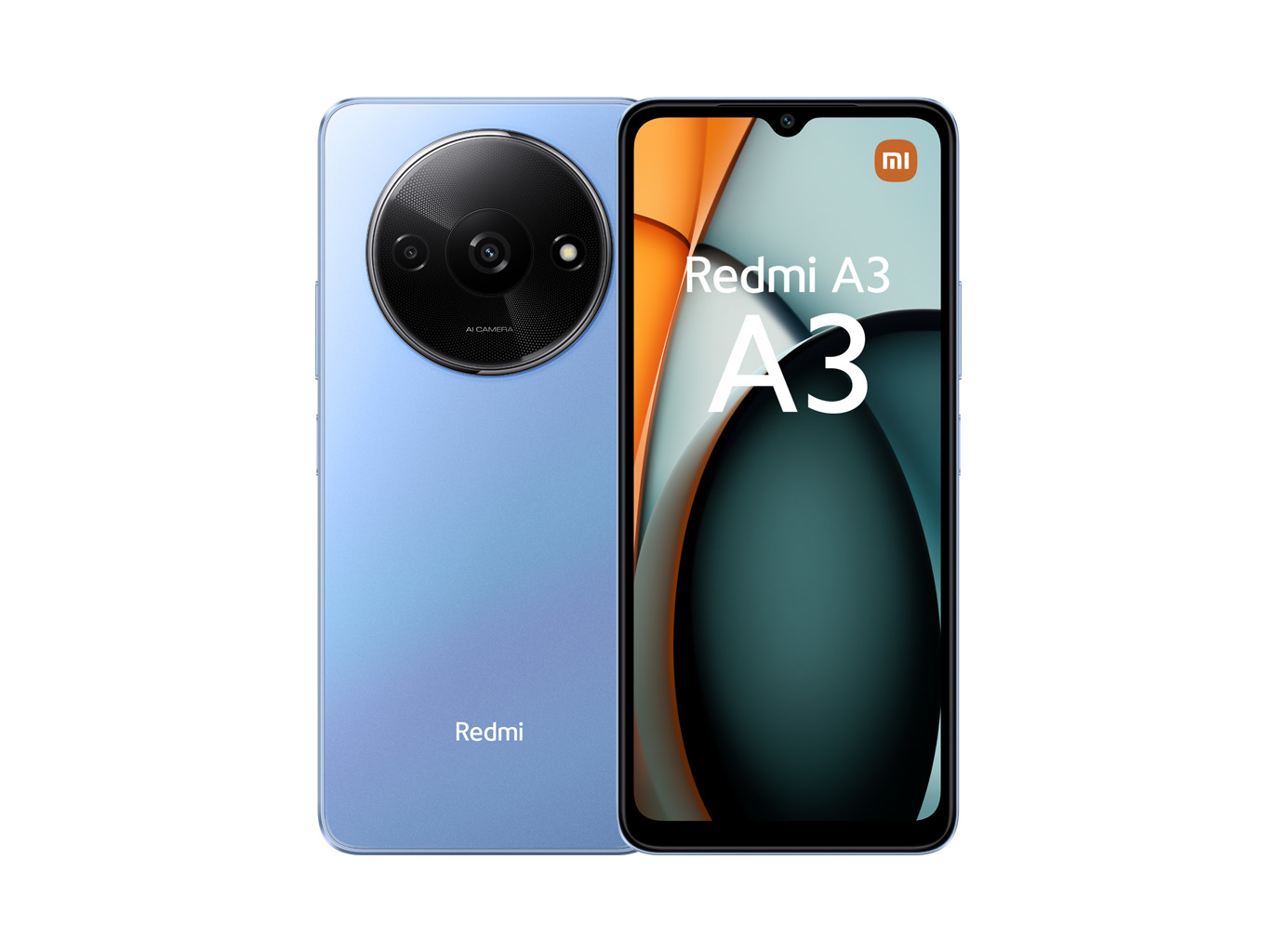 Xiaomi Redmi A3 smartphone in Star Blue, featuring a 6.71-inch display, dual rear cameras, and a sleek design with rounded edges.
