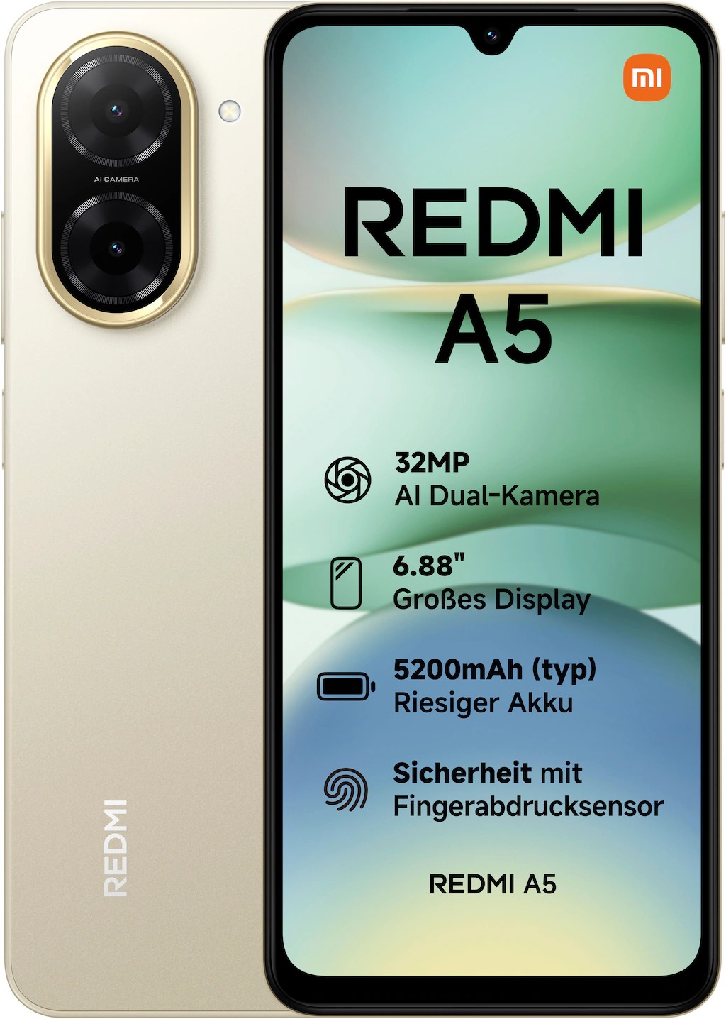 Xiaomi Redmi A5 in gold sand color features a 6.88" display, dual 32MP camera, 5200mAh battery, and USB Type-C port, showcasing sleek design and modern specifications.