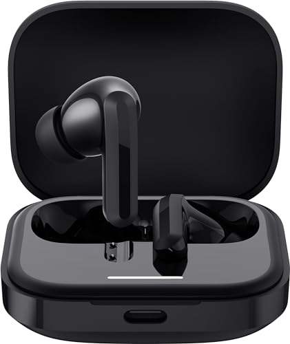 Xiaomi Redmi Buds 5 in sleek black, featuring a compact charging case with a glossy finish and a USB-C port, showcasing the earbuds with a modern design and ergonomic shape.