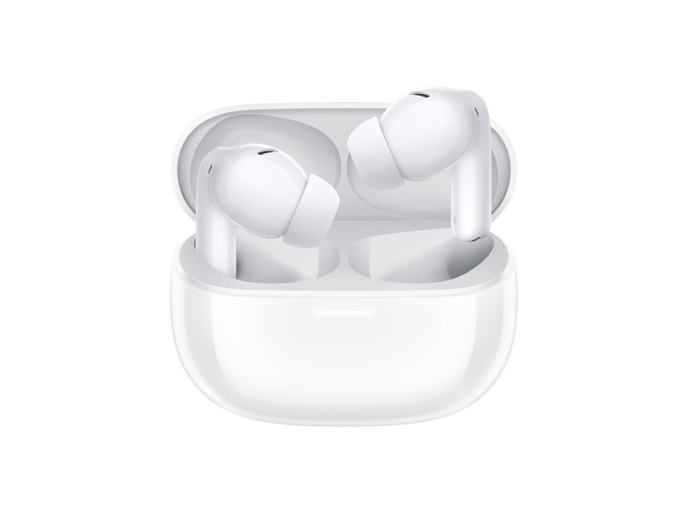 Xiaomi Redmi Buds 5 Pro in Moonlight White, featuring a sleek, glossy charging case and ergonomic earbuds with a minimalist design.