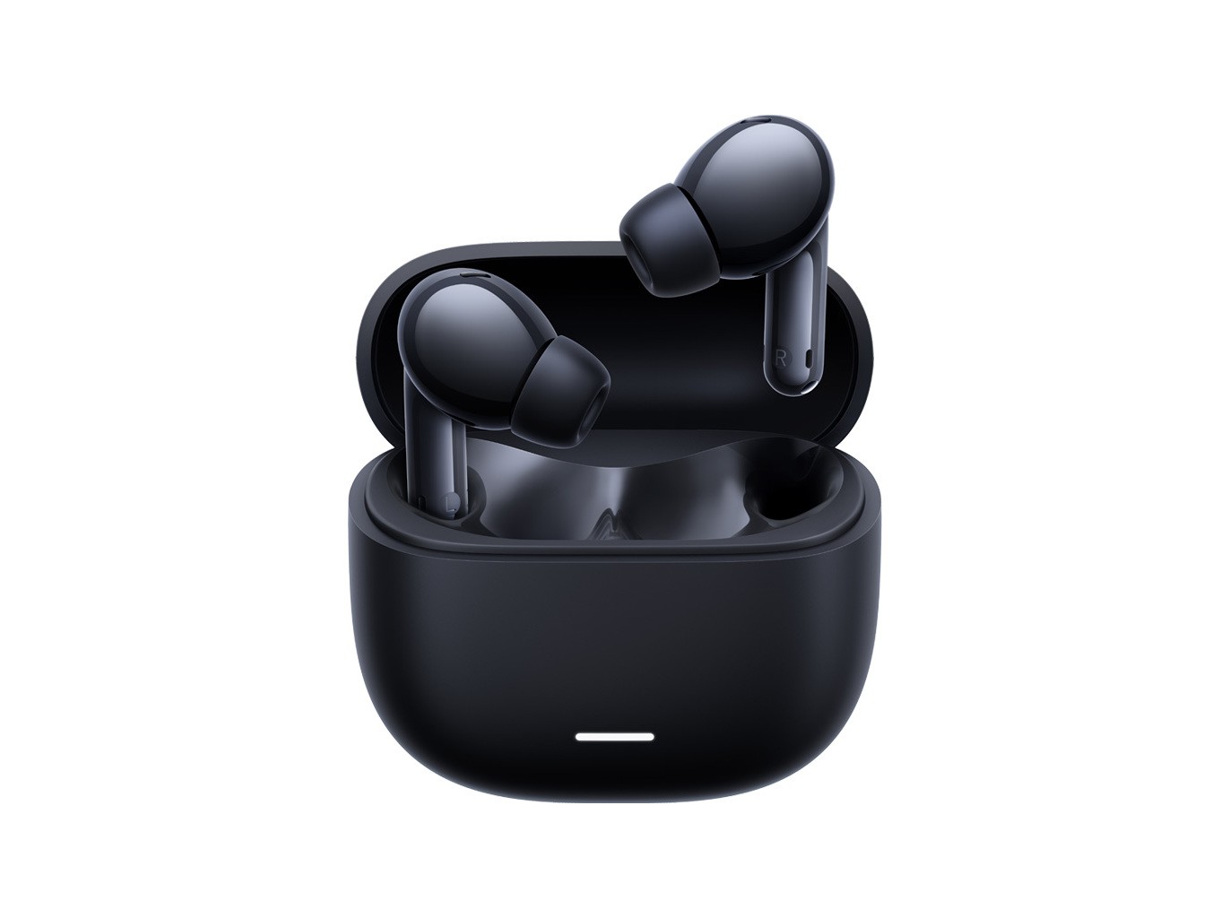 Black Xiaomi REDMI Buds 6 Lite with a sleek charging case, featuring a glossy finish and ergonomic design, showcasing the earbuds securely nestled inside.