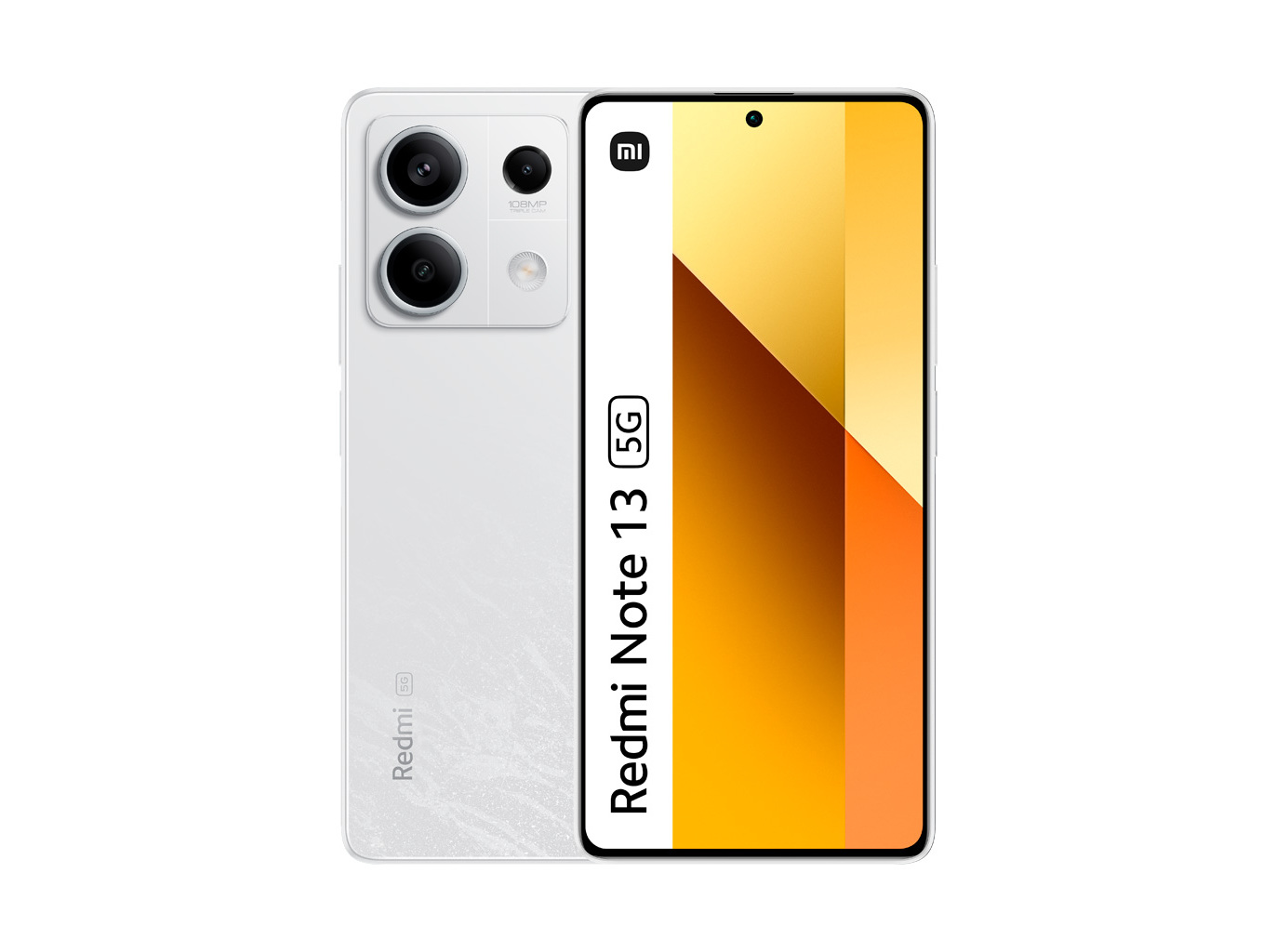 Xiaomi Redmi Note 13 5G smartphone in white, featuring a sleek design, triple rear camera setup, and a vibrant yellow and orange display with minimal bezels.