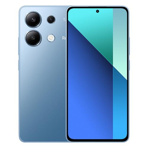 Xiaomi Redmi Note 13 in blue features a 6.67-inch display, hybrid dual SIM capability, 6 GB RAM, 128 GB storage, and a 5000 mAh battery, showcasing a sleek design with rounded edges.