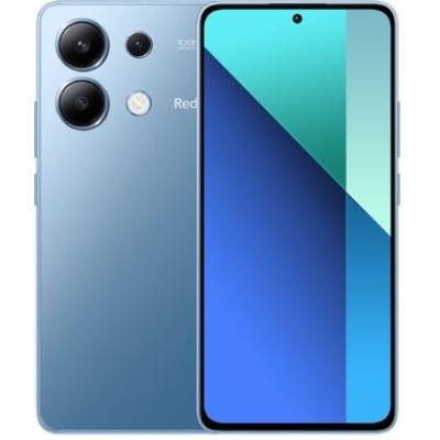 XIAOMI Redmi Note 13 in Ice Blue, featuring a sleek design, dual rear cameras, a large display with a central punch-hole, and 256GB storage, unlocked for dual SIM use.