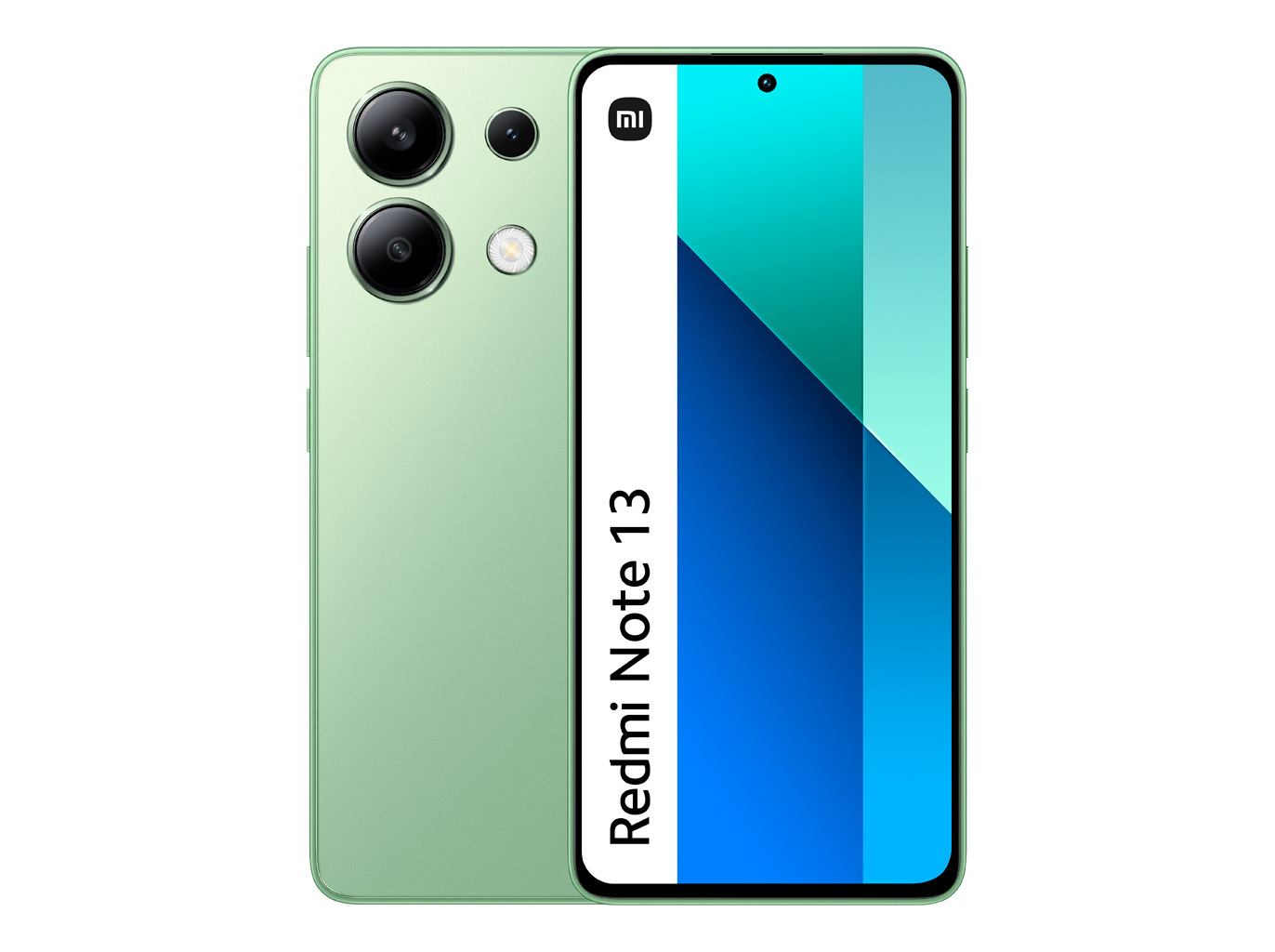Xiaomi Redmi Note 13 smartphone in mint green, featuring a sleek design, dual rear cameras, and a vibrant display with a punch-hole front camera.