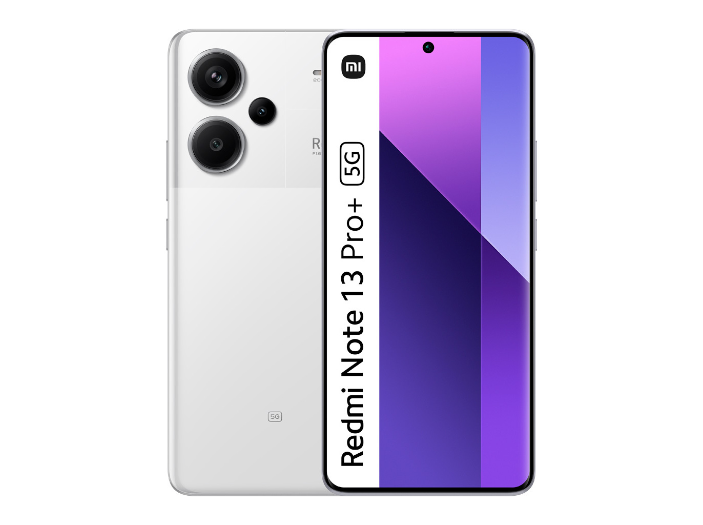 Xiaomi Redmi Note 13 Pro+ in Moonlight White, featuring a sleek design, 6.67" display, triple camera setup, and 12GB RAM with 512GB storage, labeled with 5G.