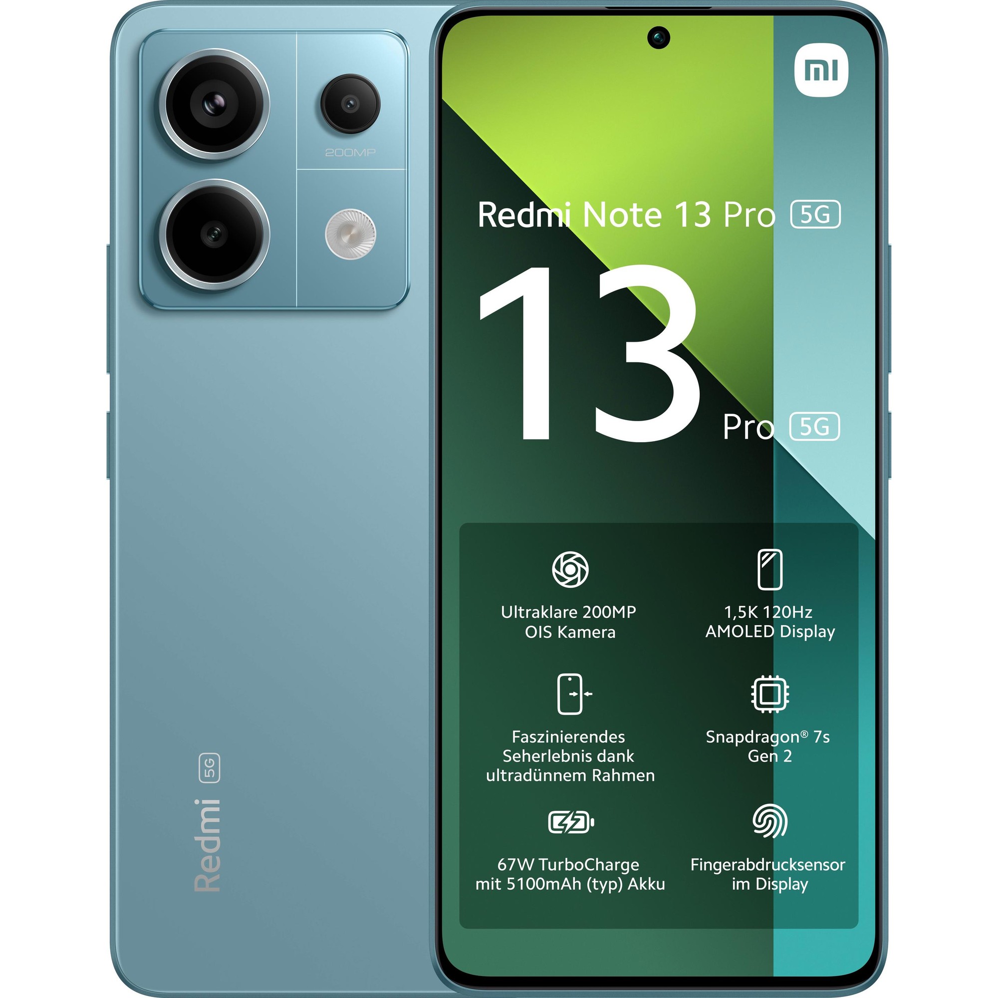 Xiaomi Redmi Note 13 Pro 5G smartphone in Alzavola Oceanica color, featuring a 6.67" AMOLED display, triple camera setup, and dual SIM capability.