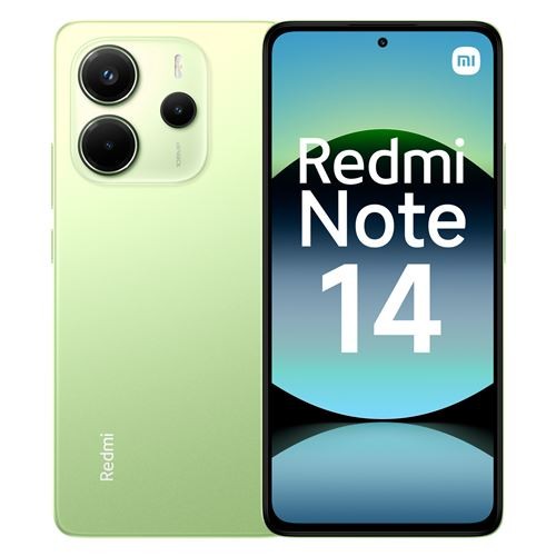 Xiaomi Redmi Note 14 in lime green features a 6.67" display, hybrid dual SIM capability, 8 GB RAM, 256 GB storage, and a 5500 mAh battery.