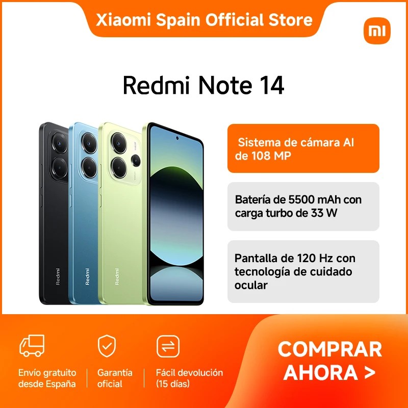 Xiaomi Redmi Note 14 in blue with a 6.67" display, 5500 mAh battery, 6 GB RAM, 128 GB storage, and a triple AI camera system.