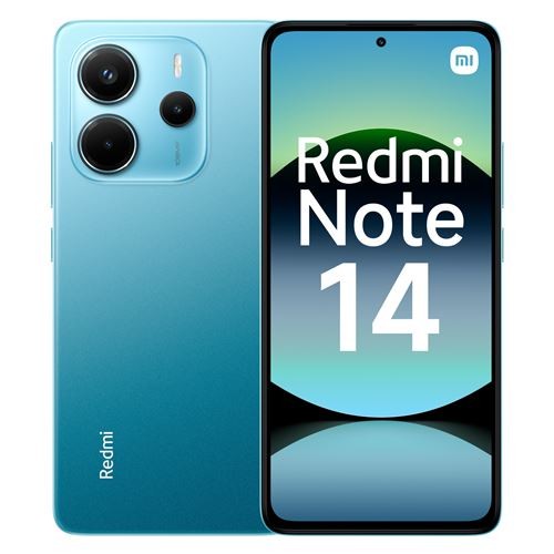 Xiaomi Redmi Note 14 in blue, featuring a 6.67-inch display, three rear cameras, 8 GB RAM, 256 GB storage, and a 5500 mAh battery, with a sleek glass finish.