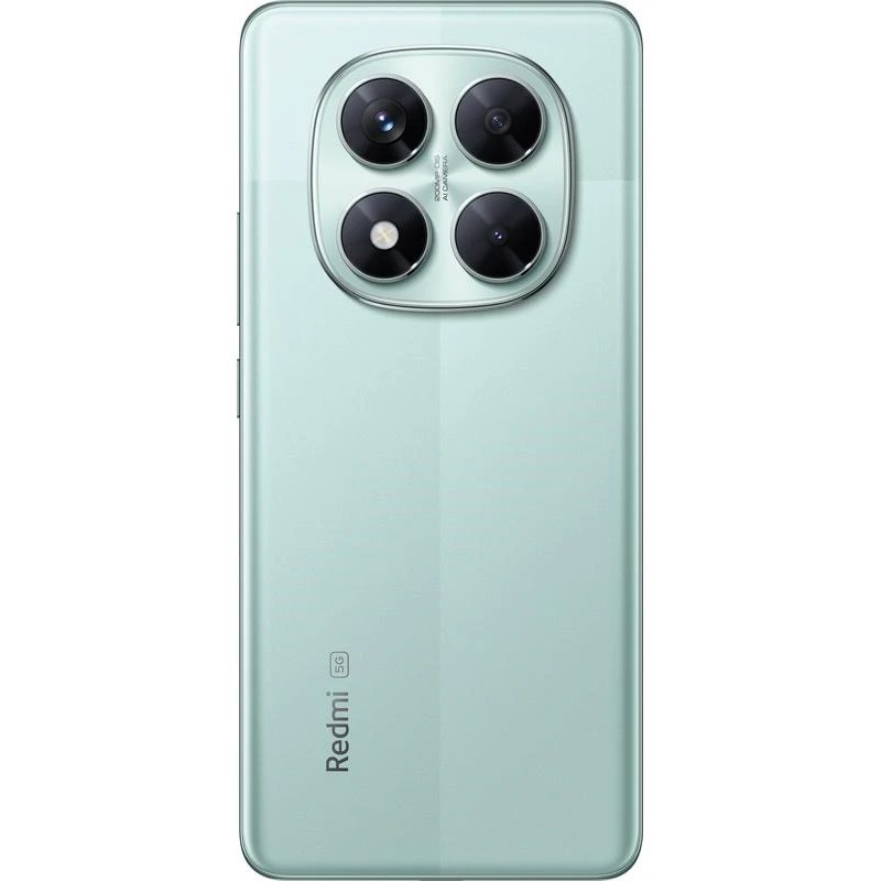 Green Xiaomi Redmi Note 14 Pro 5G smartphone featuring a sleek design, a 6.67" display, four rear cameras, and a USB Type-C port, with 8 GB RAM and 256 GB storage.
