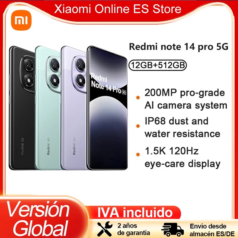 Xiaomi Redmi Note 14 Pro 5G in black, mint green, and silver, featuring a 200MP AI camera, IP68 rating, and a 120Hz eye-care display, with 12GB RAM and 512GB storage.