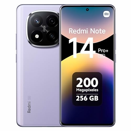 Xiaomi Redmi Note 14 Pro+ in lavender, featuring a 6.67" display, dual SIM capability, USB Type-C port, 8 GB RAM, 256 GB storage, and a 200 MP camera.