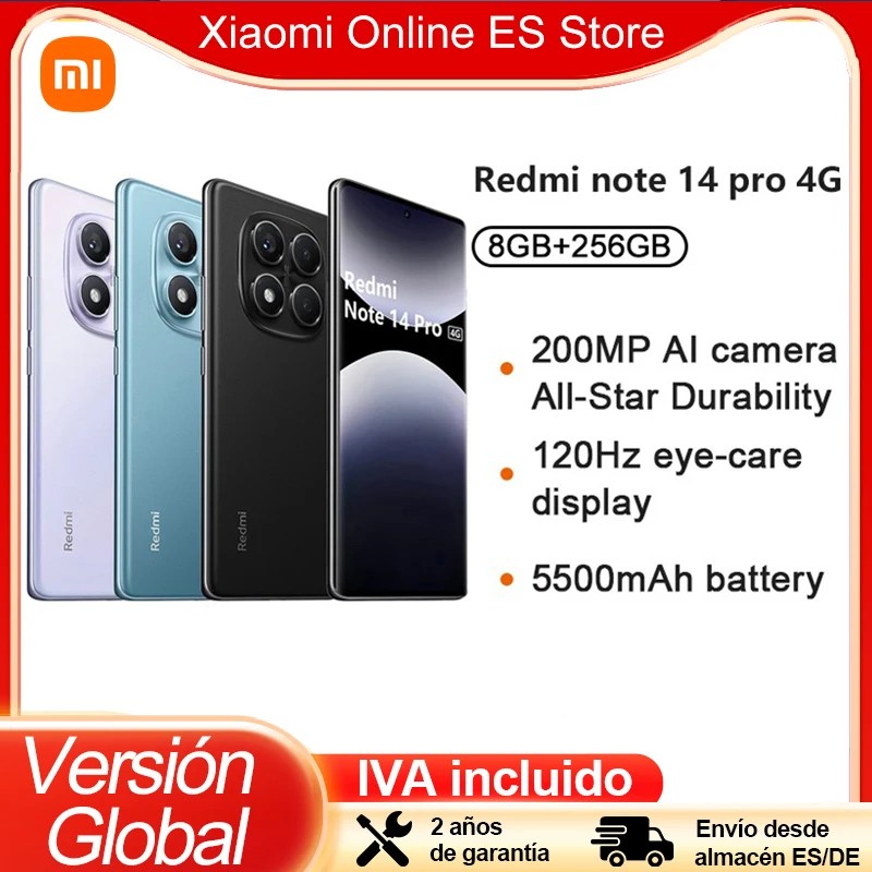 Xiaomi Redmi Note 14 Pro in purple, featuring a 6.67" display, 200MP AI camera, 8GB RAM, 256GB storage, 5500mAh battery, and USB Type-C, with a sleek design and hybrid dual SIM capability.