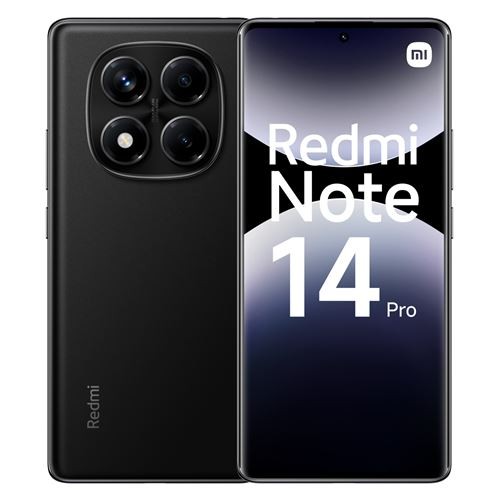 Black Xiaomi Redmi Note 14 Pro smartphone with a 6.67-inch display, featuring a triple camera setup and "Redmi Note 14 Pro" text on the front.