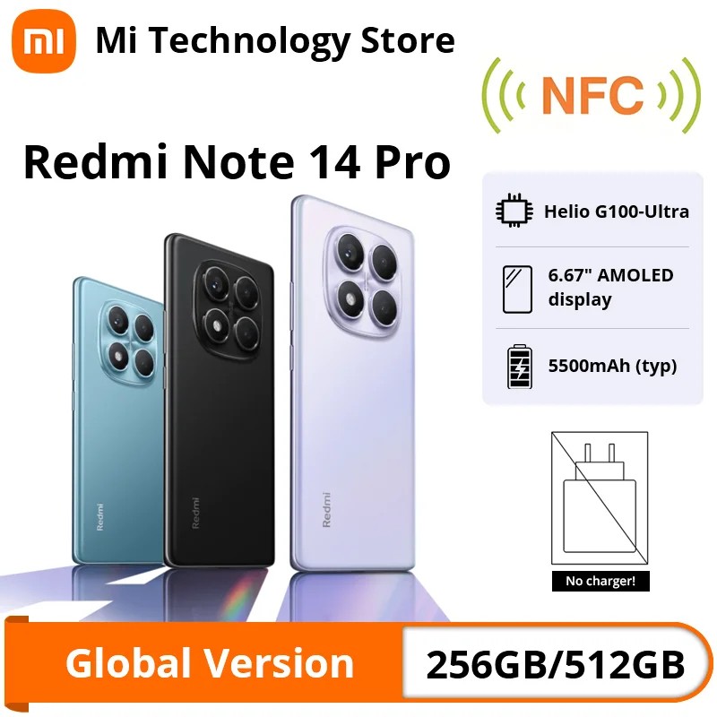 Xiaomi Redmi Note 14 Pro in blue, featuring a 6.67" AMOLED display, triple camera setup, USB Type-C port, and hybrid dual SIM capability, with 8 GB RAM and 256 GB storage.