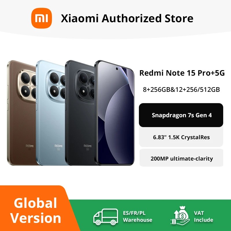 Xiaomi Redmi Note 15 Pro Plus 5G smartphone in three colors, featuring a 6.83-inch display, 200MP camera, 6500mAh battery, and 100W Hyper Charge capability.