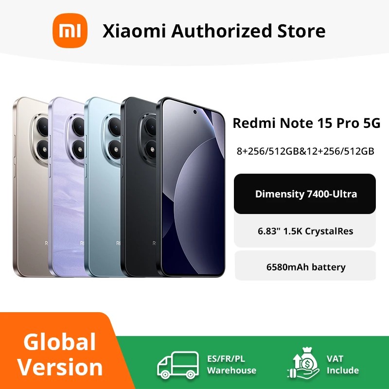 Xiaomi Redmi Note 15 Pro 5G smartphone in multiple colors, featuring a 6.83-inch AMOLED display, 200MP main camera, and MediaTek Dimensity 7400-Ultra processor.