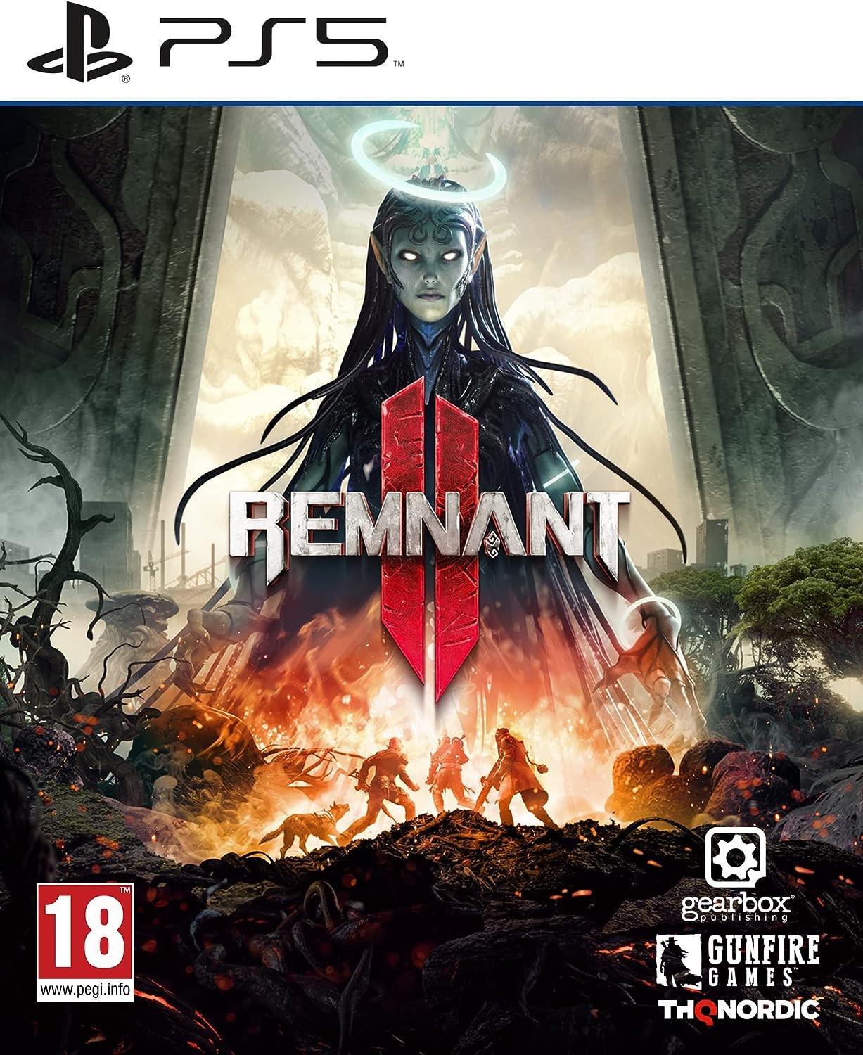Cover art for "Remnant 2" features a dark-haired female figure with glowing eyes, surrounded by a fiery landscape and shadowy characters, with a prominent "18" rating and PS5 logo.