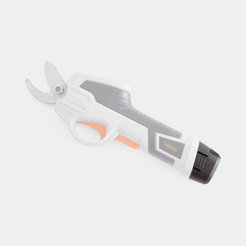 Replacement battery for a 7.2V cordless pruner featuring a white and gray body with an orange accent, ergonomic handle, and a sharp metal blade for cutting.