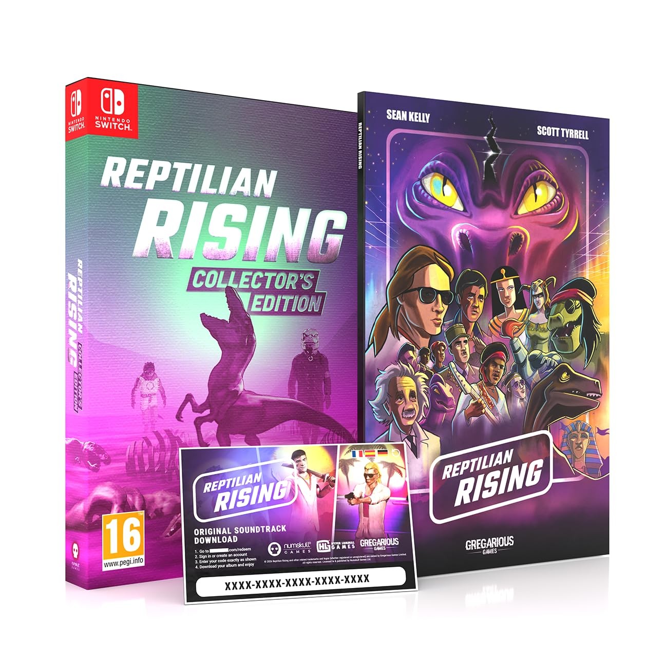 Collector's Edition of "Reptilian Rising" for Nintendo Switch featuring a vibrant purple and green box, a comic-style art booklet, and a soundtrack download card.