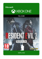 Green Xbox One game case featuring "Resident Evil 2 Deluxe Edition" title, with artwork of two characters in a dark, ominous setting, and an age rating of 18.
