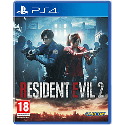 Resident Evil 2 Remake for PlayStation 4 features a blue case with artwork showing two characters, Leon and Claire, holding guns against a dark, urban backdrop.