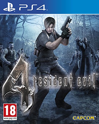 Cover art for "Resident Evil 4" featuring a male character holding a gun, set against a dark, eerie background with a prominent silver "4" logo and the Capcom logo in the corner.