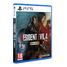 Resident Evil 4 Remake Gold Edition for PS5 features a blue case, vibrant cover art with characters Leon and Ada, and the Capcom logo prominently displayed.