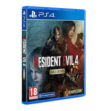 Resident Evil 4 Remake Gold Edition for PS4 features a blue case with striking artwork of characters Leon and Ada, along with the Capcom logo and age rating.
