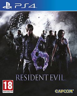 Cover art for "Resident Evil 6" on PlayStation 4 features dark, moody colors with characters in action poses, a large purple '6', and the Capcom logo at the bottom.