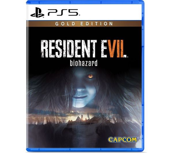 Resident Evil 7 Biohazard: Gold Edition for PS5 features a blue case with a haunting image of a woman, the title in bold white and orange letters, and the Capcom logo.