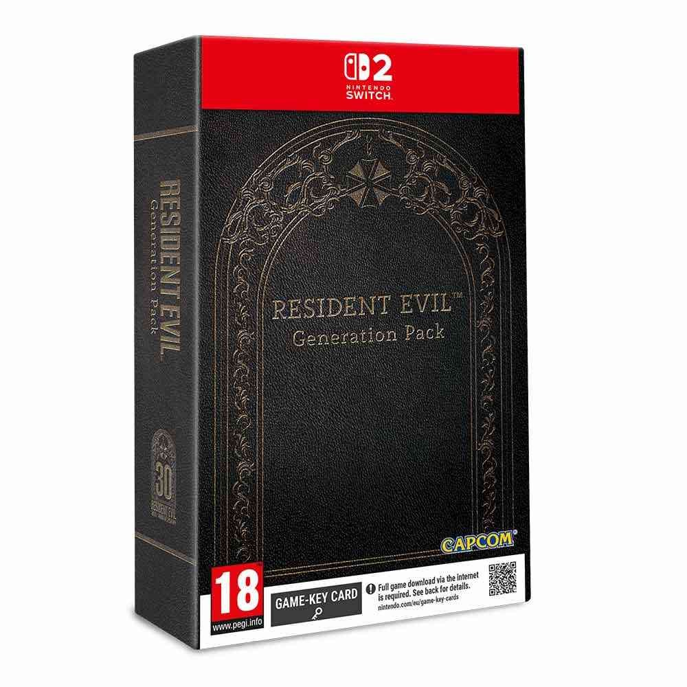 Black box with embossed details, featuring the Resident Evil logo and "Generation Pack" text, red top label, and a 18+ age rating, designed for Nintendo Switch by Capcom.