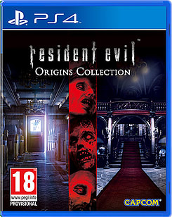 Resident Evil Origins Collection for PS4 features a dark, eerie mansion backdrop with red and black accents, showcasing zombie faces and the Capcom logo prominently.