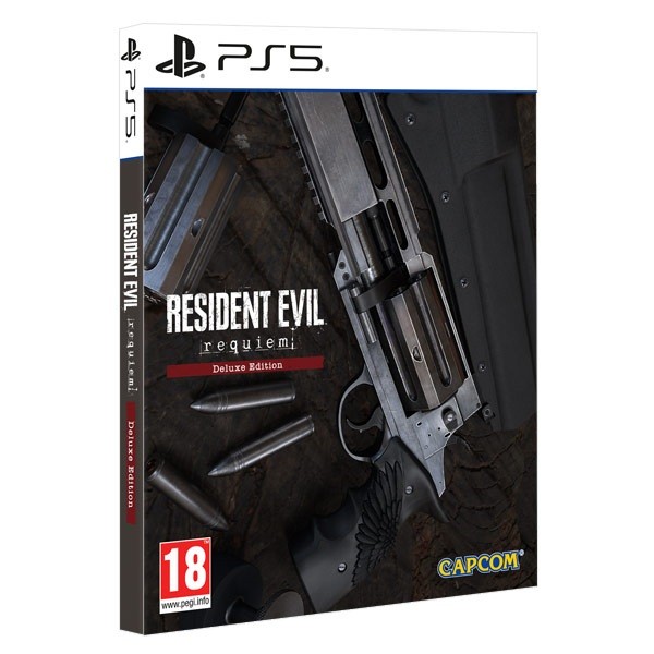 Resident Evil Requiem Deluxe Edition for PS5 features a sleek box with a dark design, showcasing a detailed firearm and bullets, highlighted by the bold red and white title text.