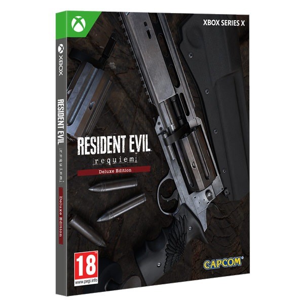 Resident Evil Requiem Deluxe Edition for Xbox Series X features a dark, detailed cover with a metallic gun, bullets, and the Capcom logo in vibrant yellow.