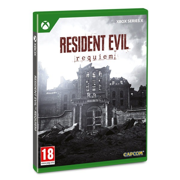 Resident Evil Requiem Lenticular Edition for Xbox Series X features a green case with a dark, eerie mansion cover art and the game title prominently displayed in distressed red lettering.